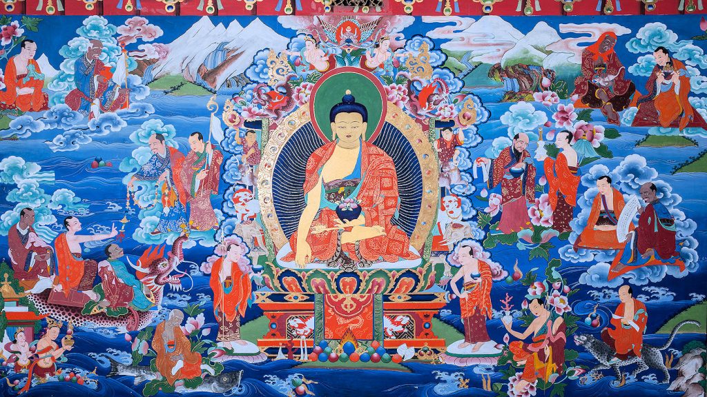 Buddha Shakyamuni – seinämaalaus Kööpenhaminen Timanttipolku-buddhalaisessa keskuksessa