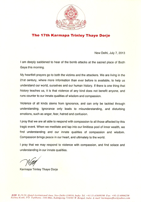 H.P. 17. Karmapan Trinely Thaye Dorjen kirje Bodhgayan terrori-iskun johdosta